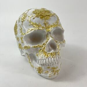 White & Gold 6" Decorative Skull Floral Scrollwork Halloween Apothecary Holiday